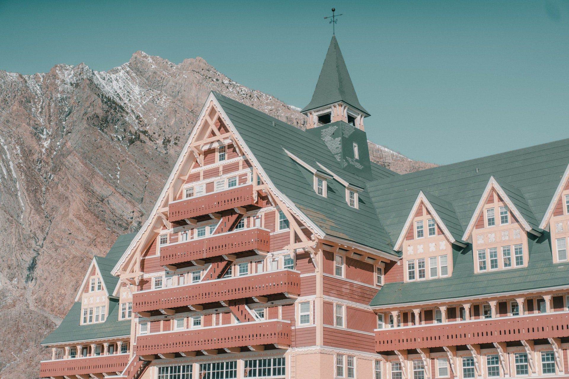 A scenic view of the Prince of Wales Hotel. This hotel gives a magnificent view of Waterton National Park.
