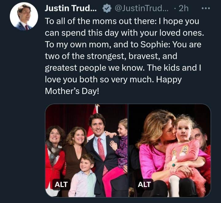 A Twitter post by PM Justin Trudeau expressing greetings for Mother's Day to his mother, his wife and to all moms. A Justin Trudeau's Heartwarming Tweet on Mother's Day.