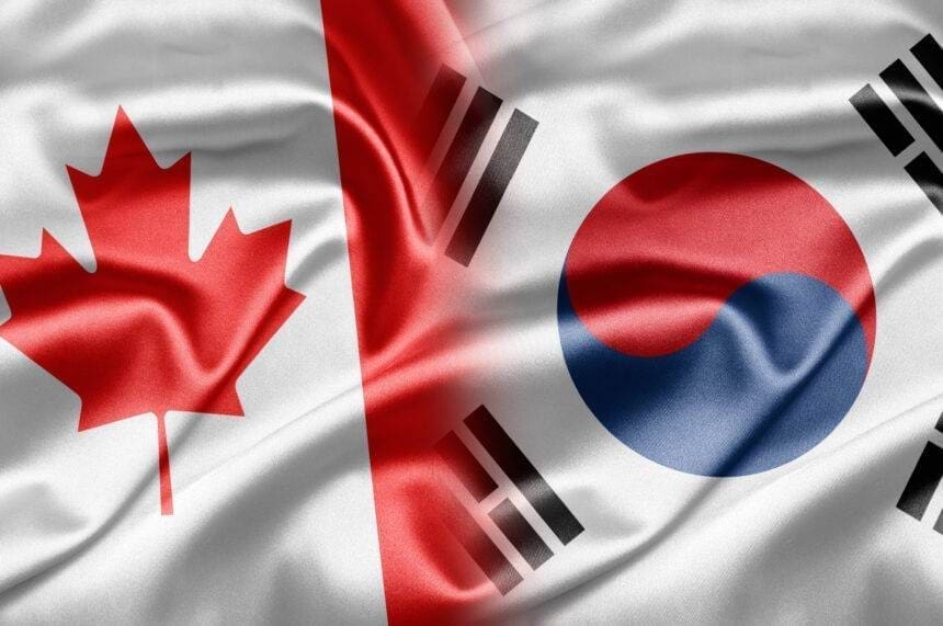 Two country flags of Canada and South Korea respectively fused together. Canada launches high-level economic security dialogue with South Korea.
