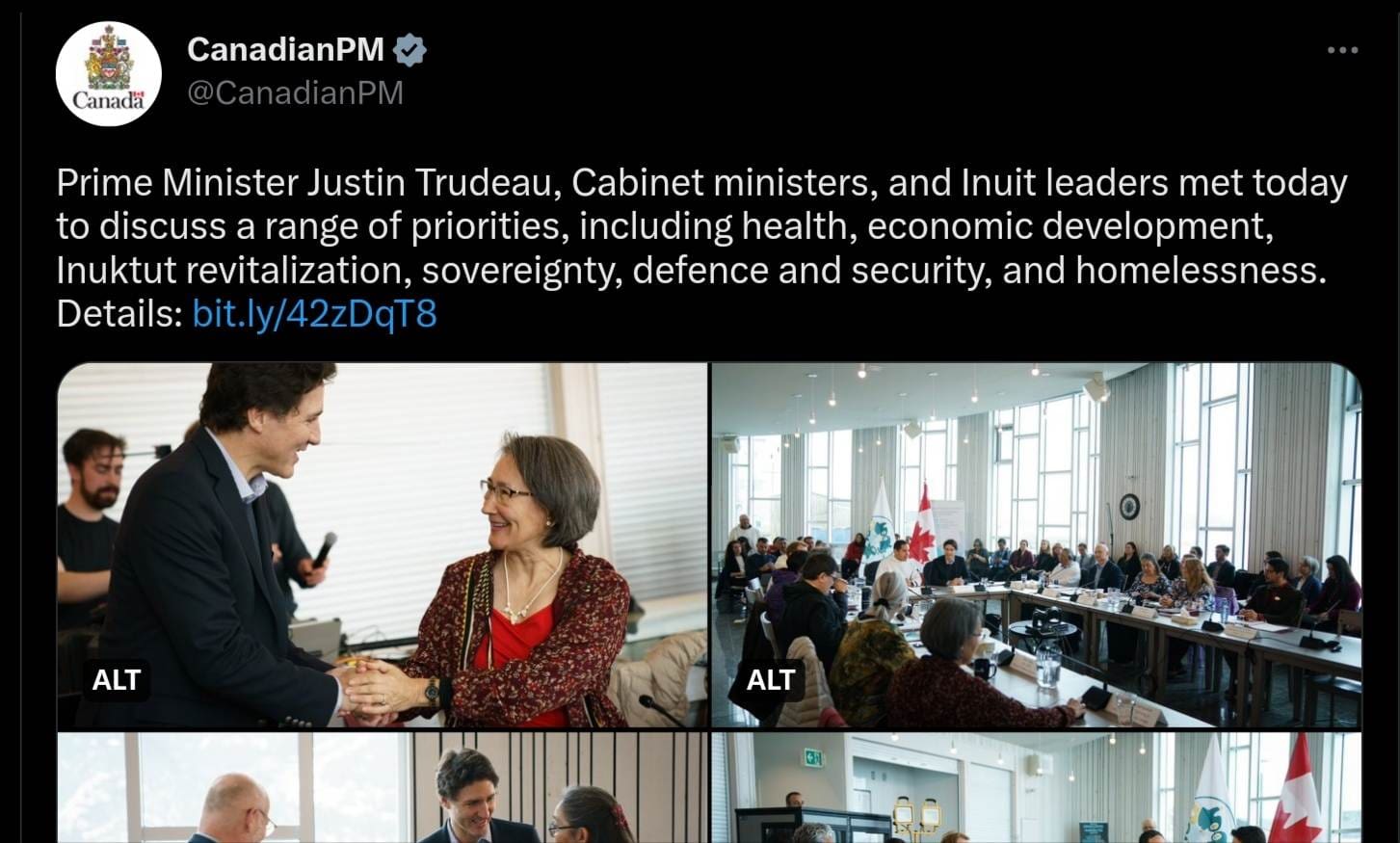 A Twitter post by CanadianPM states that PM Trudeau meets Inuit-Crown Partnership Committee to discuss concerns and priorities for the development and resolving issues of the summit.