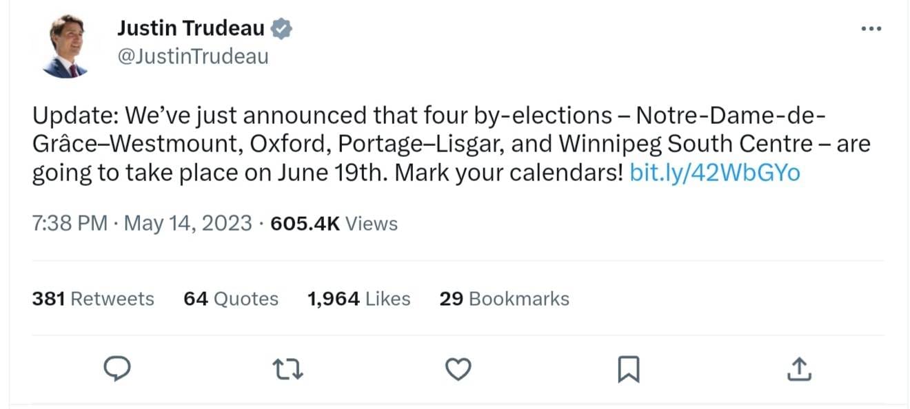 A Twitter post by PM Justin Trudeau announcing the By-election date, on !9th June.