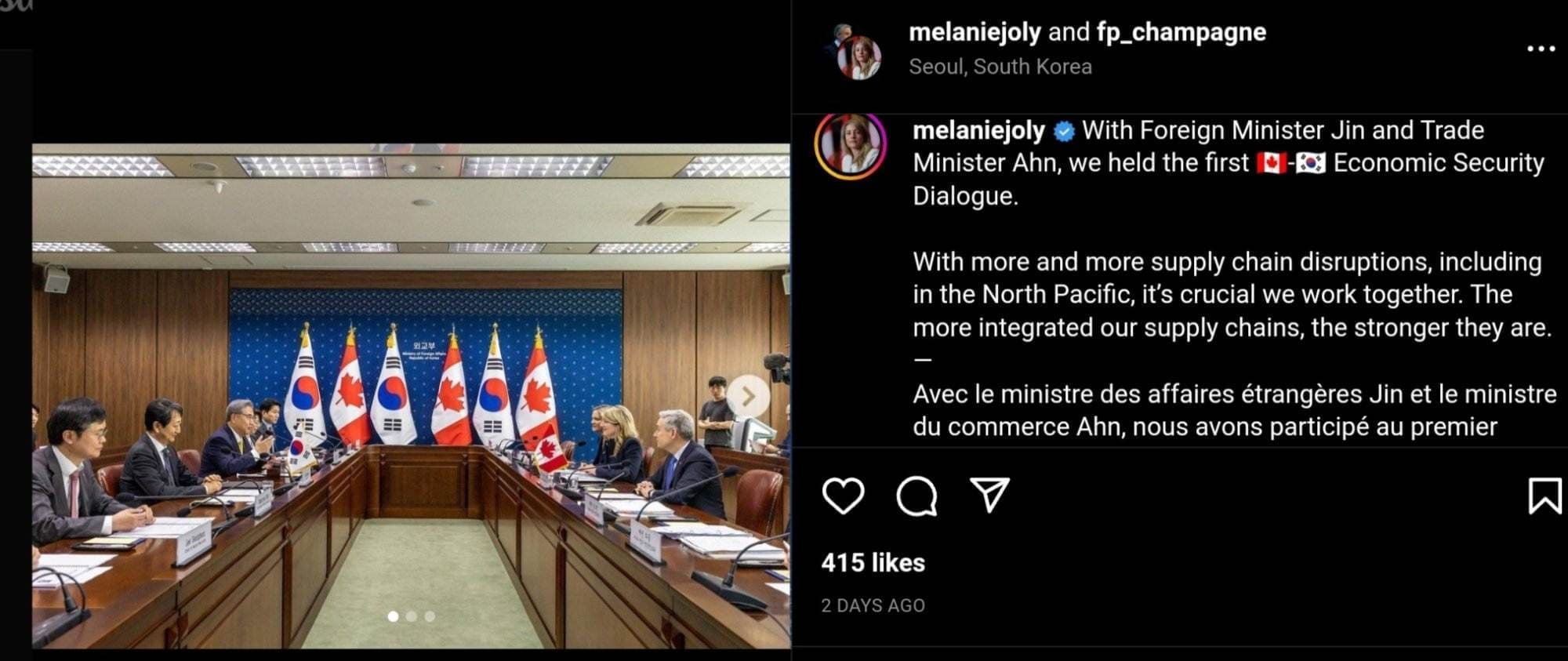 An Instagram post from Melanie Joly, about high-level economic security meet.