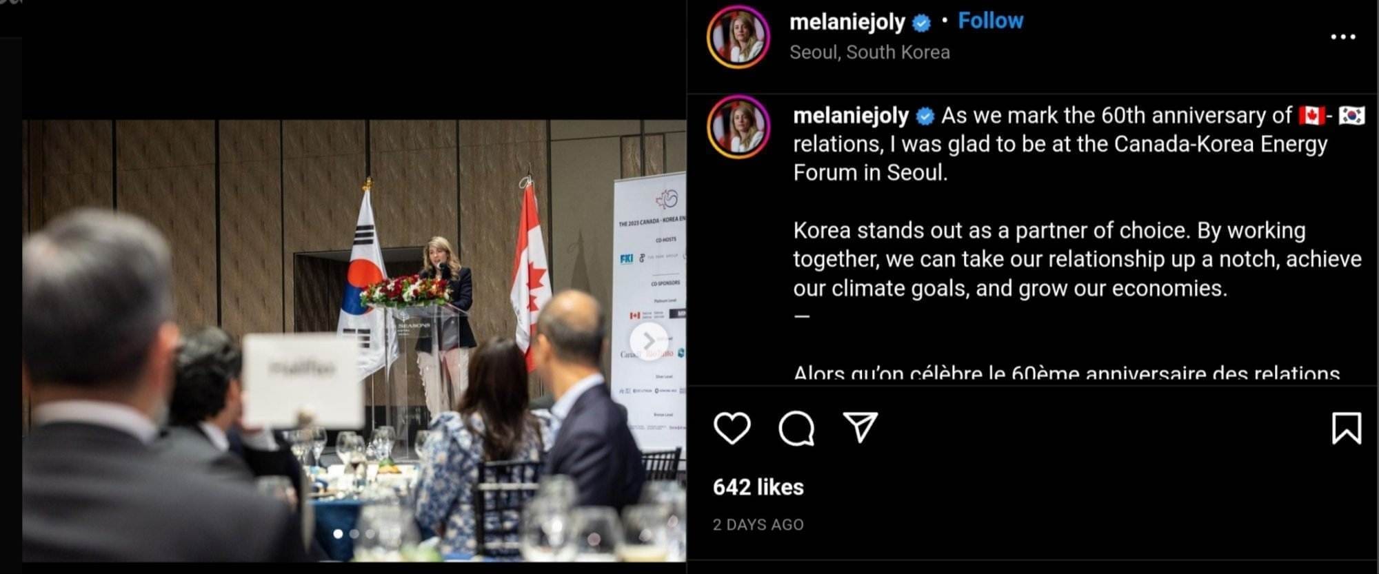 An Instagram post from Melanie Joly recognizing the 60th anniversary of relations between Canada and South Korea.