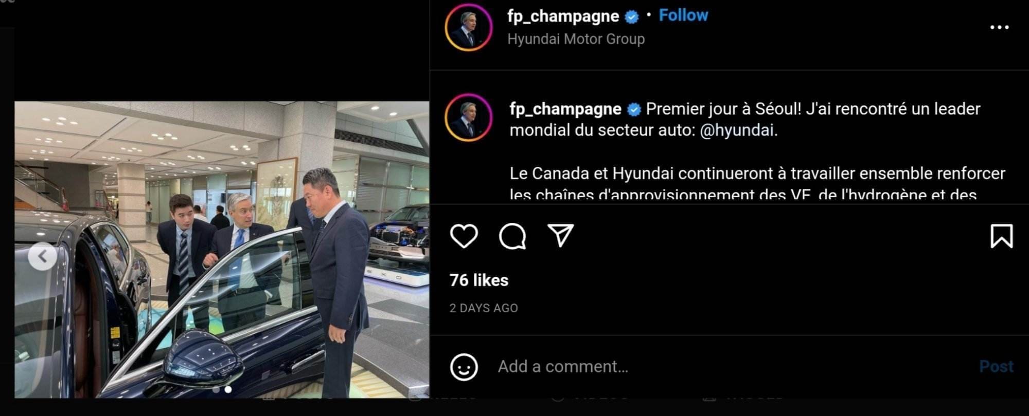 An Instagram post by François-Philippe Champagne about his first day in Seoul.