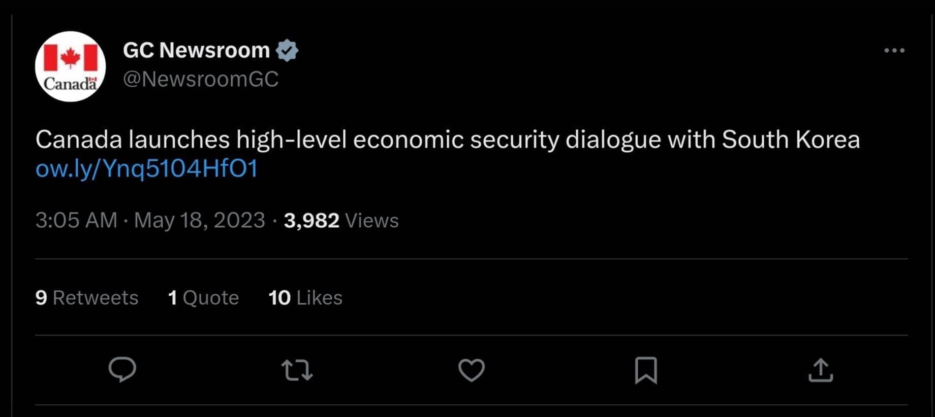 A Twitter post by GC Newsroom that Canada launches high-level economic security dialogue with South Korea.