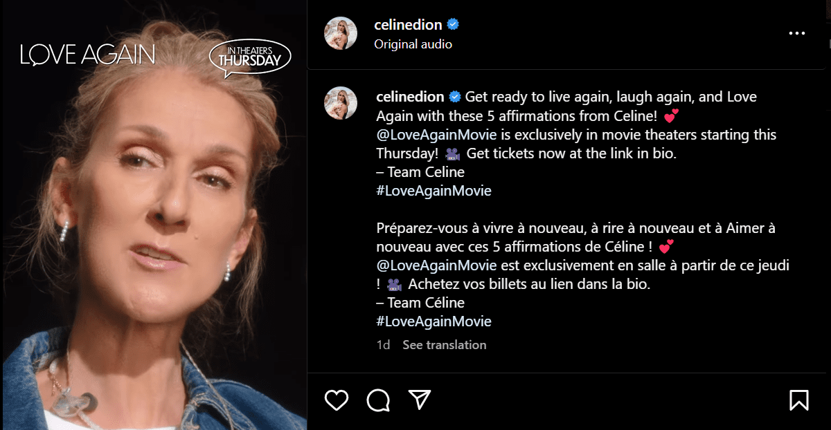 A screenshot of an Instagram post from Celine Dion telling about the movie
"Love Again".