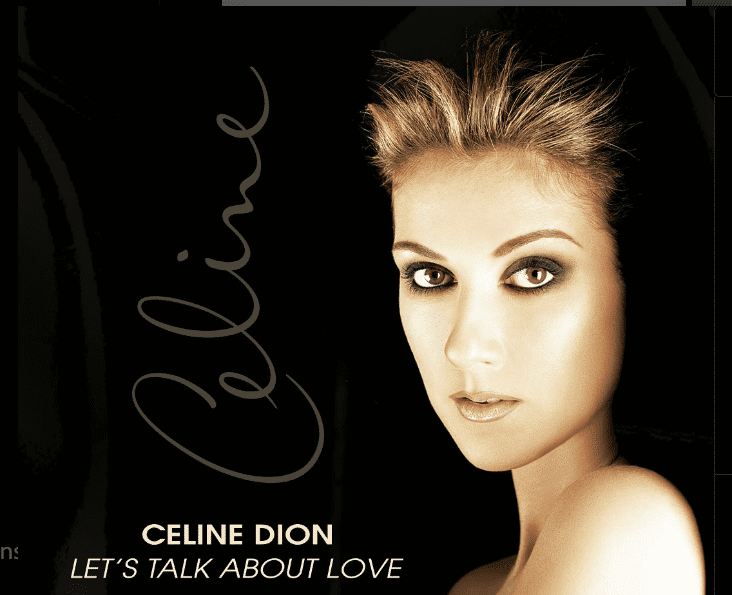 A cover photo from an Instagram post of Celine Dion and text written at the bottom- "Celine Dion, Let's talk about love".