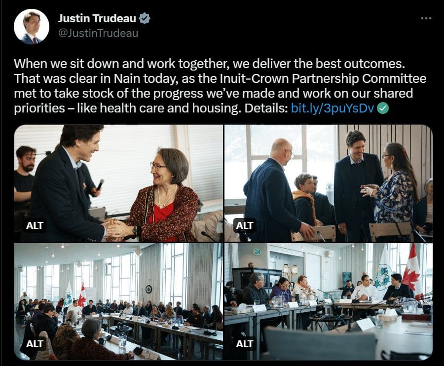 A Twitter post by Canadian PM Justin Trudeau expressing happiness about the meeting with the Inuit-Crown Partnership Committee to make progress and work on their shared priorities for the nation.