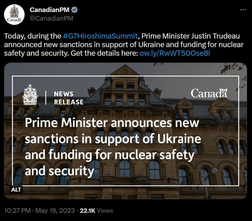 A Twitter post by the Canadian PM tells about new Sanctions to Aid Ukraine announced by PM Justin Trudeau at G7 Hiroshima Summit.