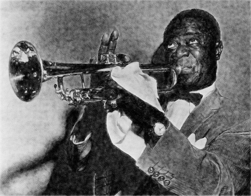 A black and white picture of Louis Armstrong playing a trumpet. A picture indicating a tribute to Louis Armstrong.