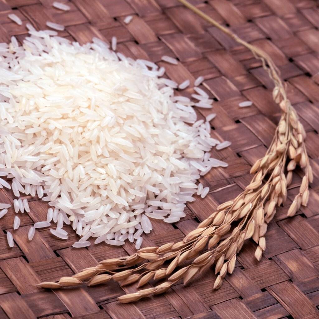 A heap of rice and a twig of rice crop were kept alongside on a brown surface. 