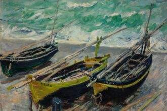 A painting of three black boats at the seashore on canvas.