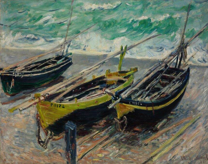 A painting of three black boats at the seashore on canvas.