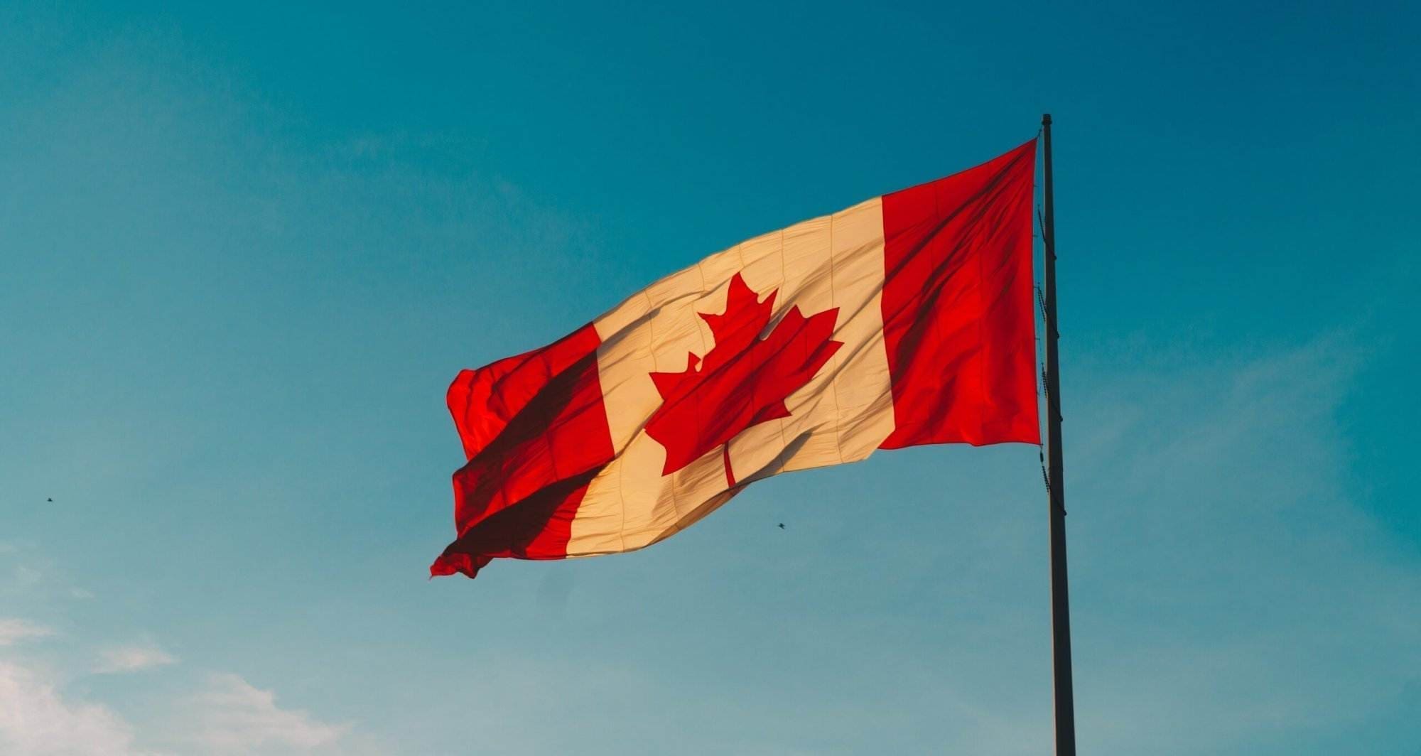 A Canadian flag flaring high in the air.