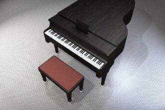 A piano and a seat in an isolated white room.