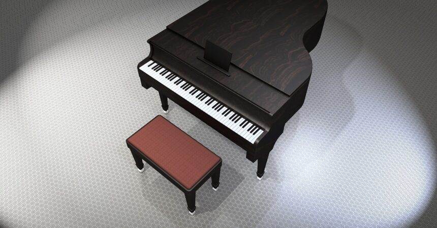 A piano and a seat in an isolated white room.