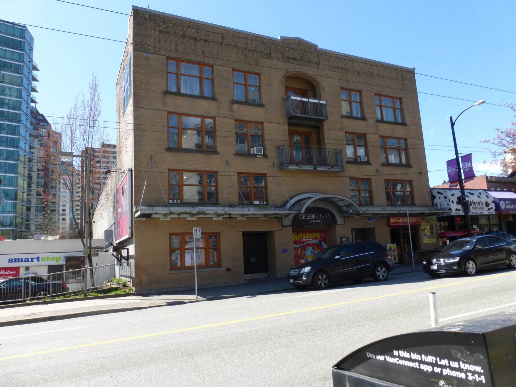 The view of Celebrity nightclub from across the street during day time in Vancouver.