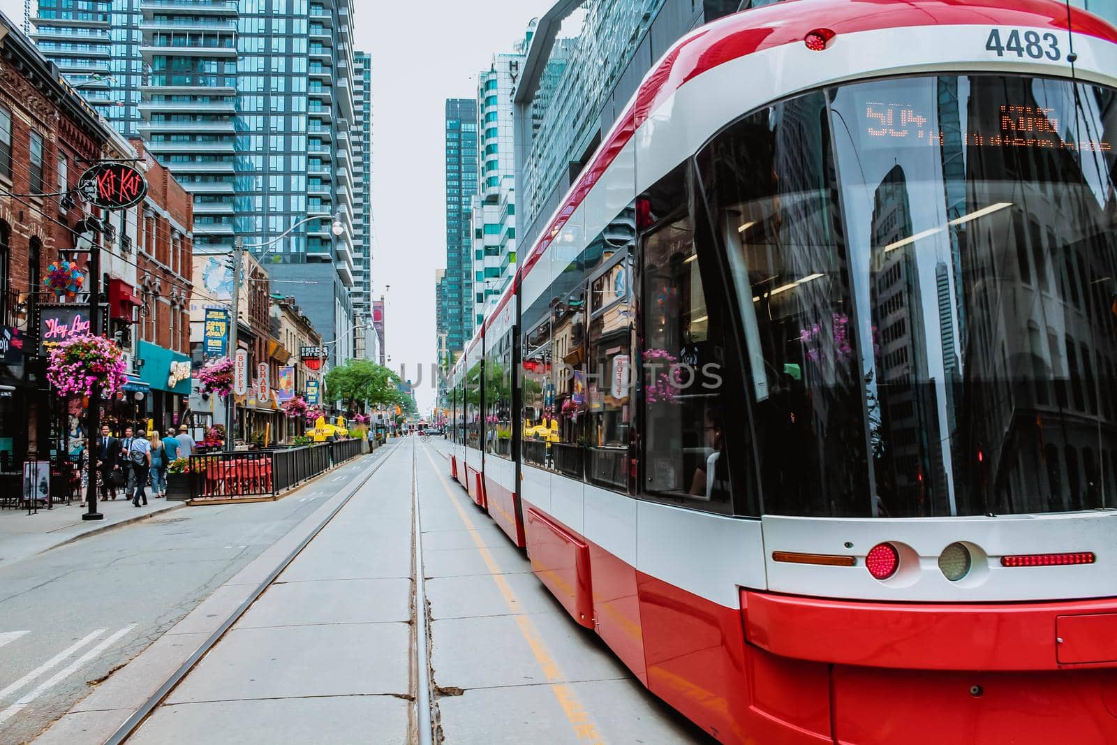 A STREETCAR IN DOWNTOWN TORONTO'S ENTERTAINMENT DISTRICT. 