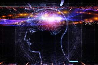 An illustration of virtual thinking where a human mind has galaxy lights on a black background.