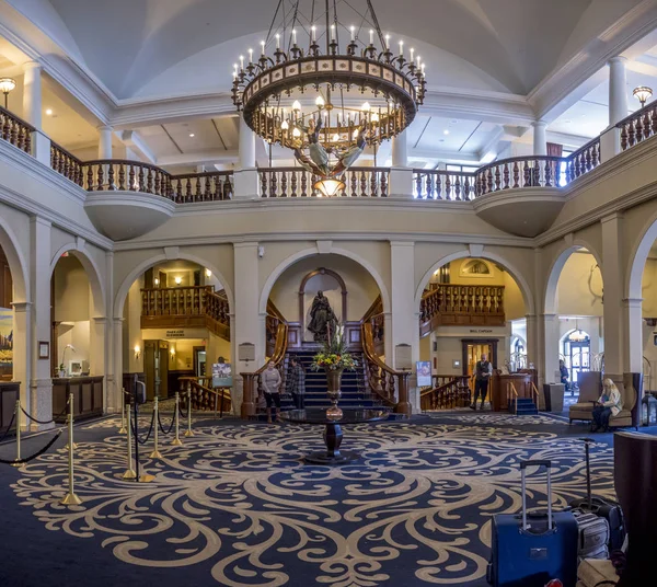 Interior lobby of the Chateau Lake Louise in Banff National Park.