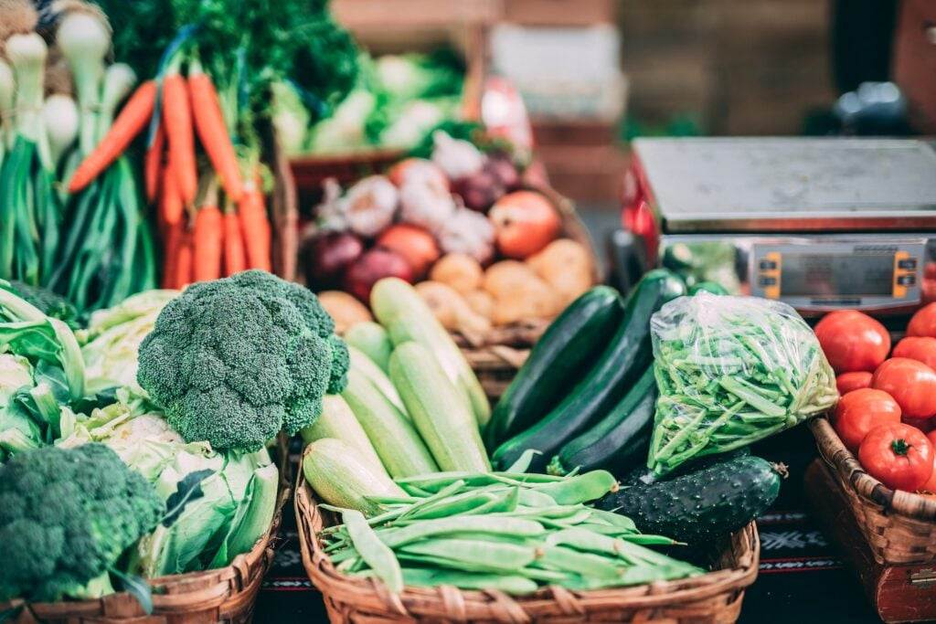 Display of various vegetables in a Farmers Market in Vancouver.