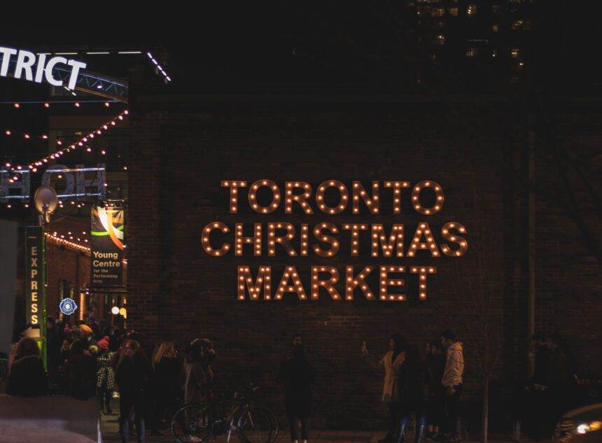 Toronto Christmas Market is written with sparkling lights.