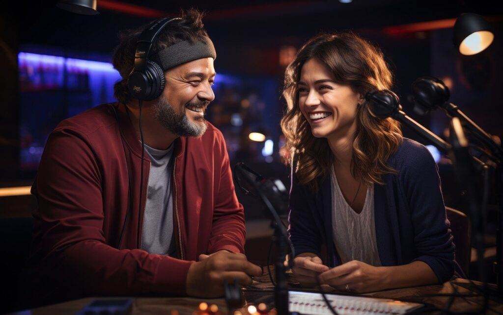 Two people wearing headphones and smiling while recording a podcast.