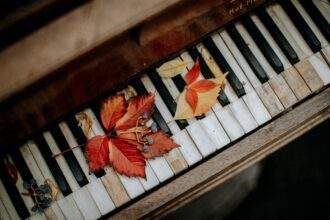 A close-up of the piano keys with maple leaves in it.