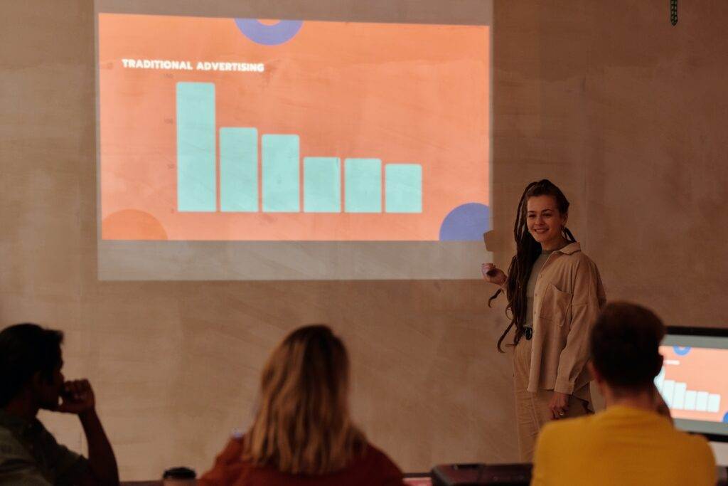 A girl showing a business project 