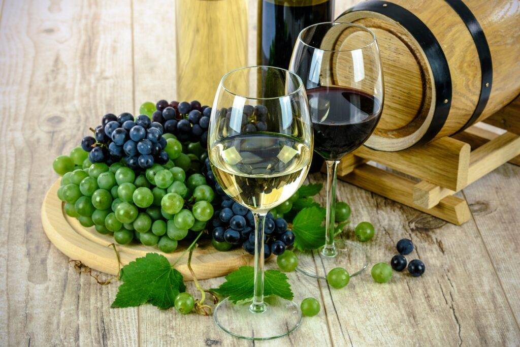 Glasses of white wine and red wine were kept beside green and black grapes.