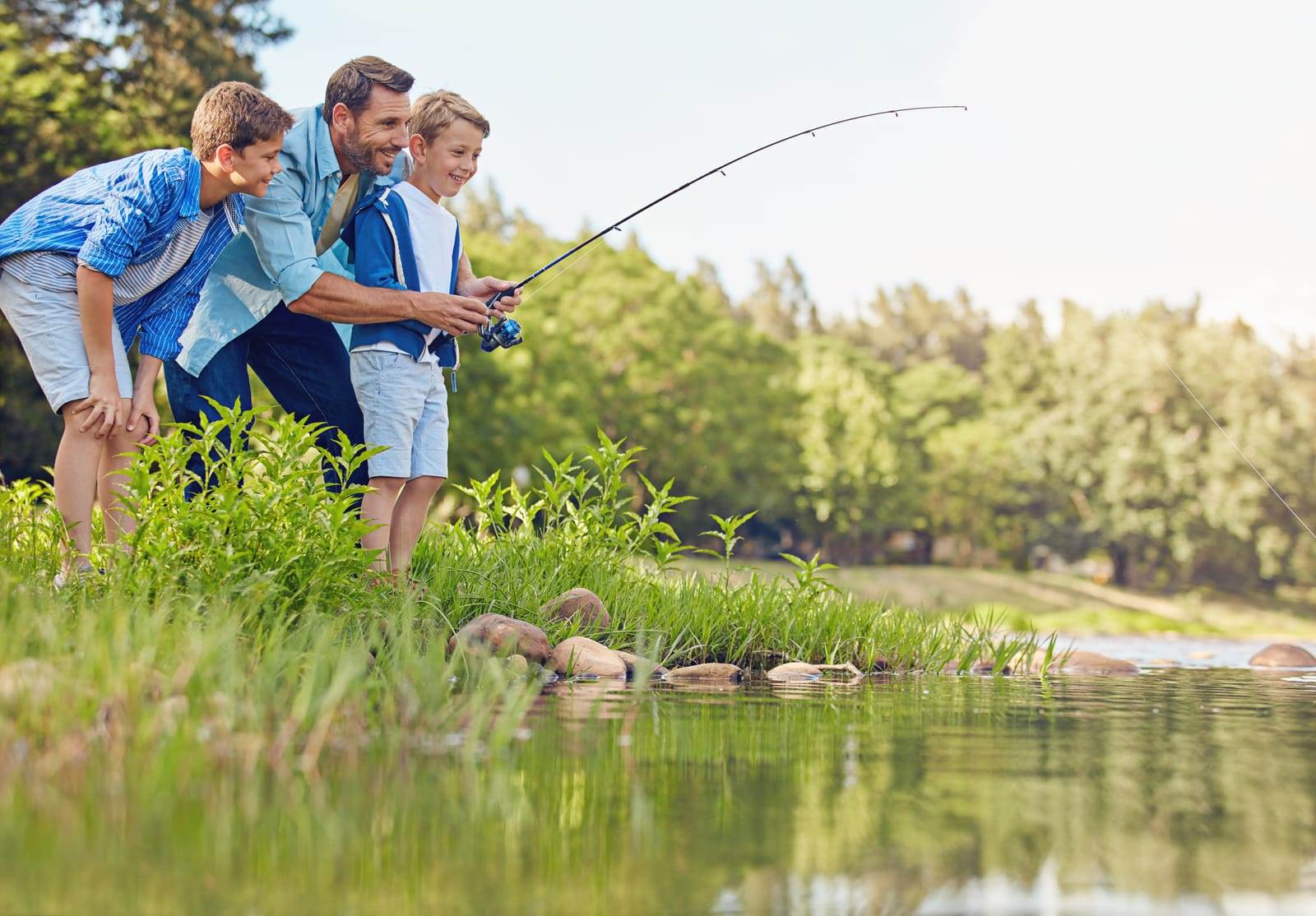 Two children Fishing with their father.