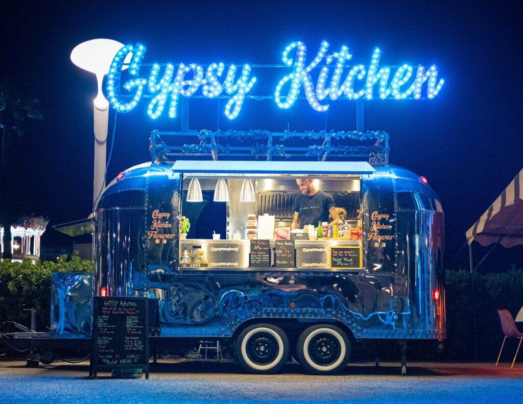 Beautiful food truck with lights and decoration
