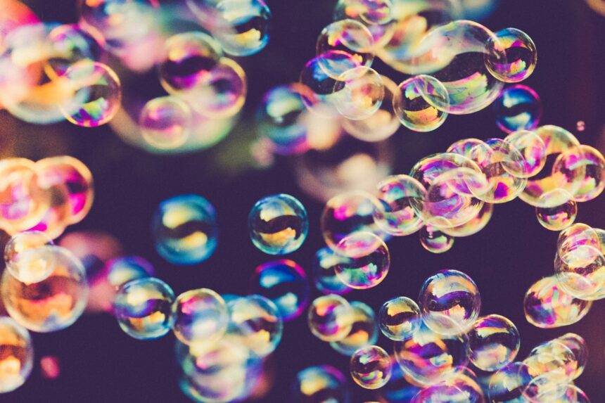 A view of bubbles giving holographic reflection in the air.