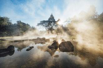 Hot Spring Pool in Morning Sunrise