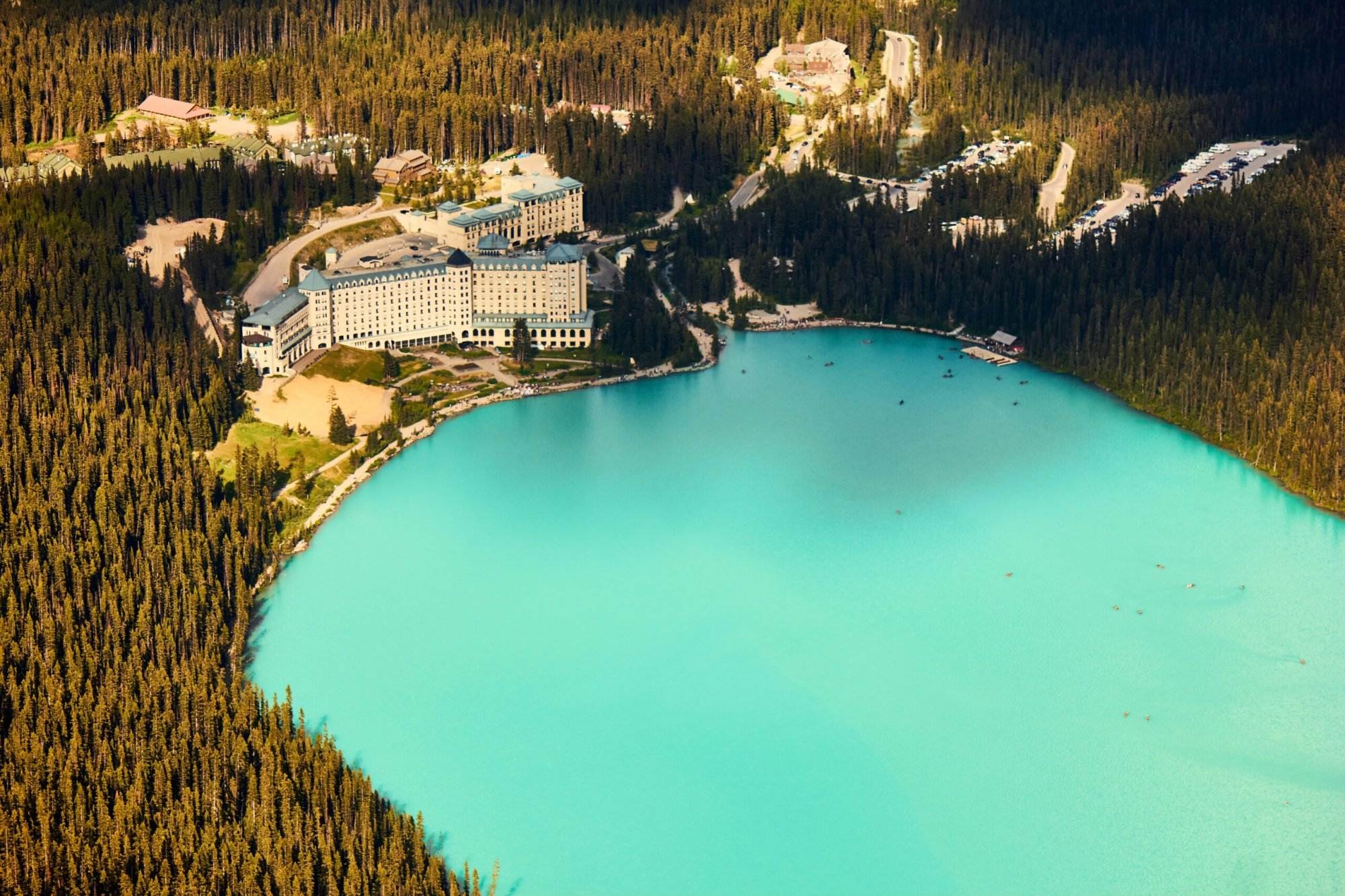 An aerial view of the Fairmont Chateau in Lake Louise