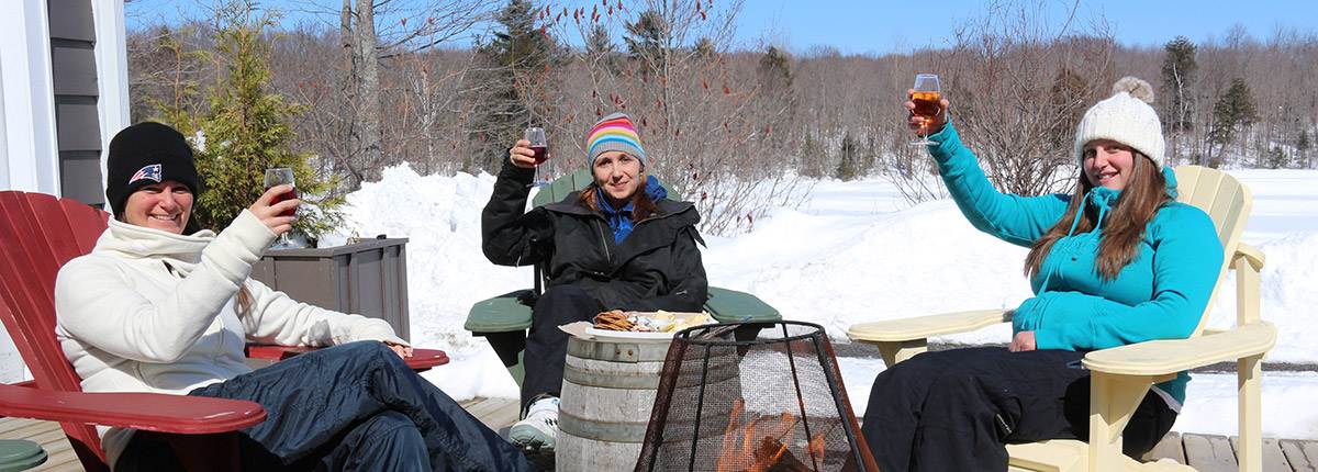 people sitting on chairs and cheering for glasses of wine.