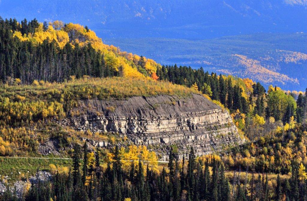 A view of mountains with yellow and green trees on them.