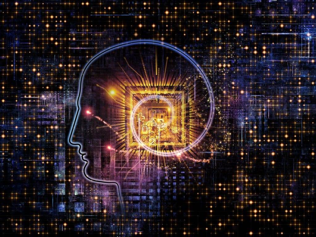 An illustration design of a human head with a machine language.