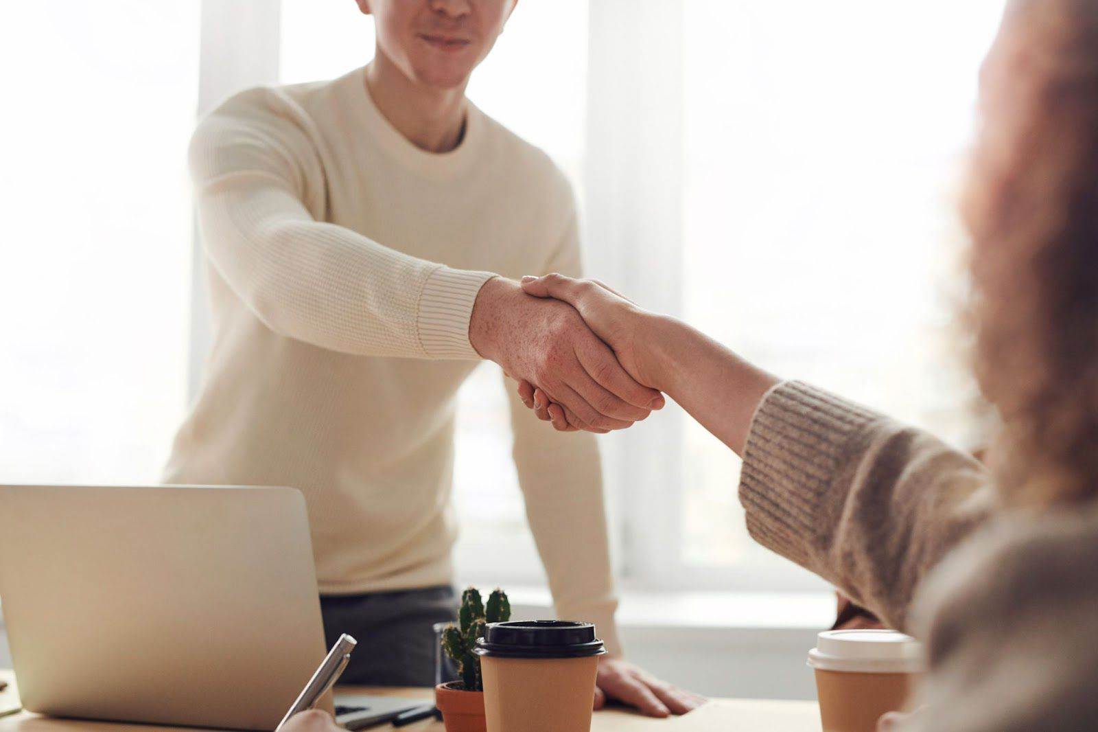 Two partners shaking hands in an office.