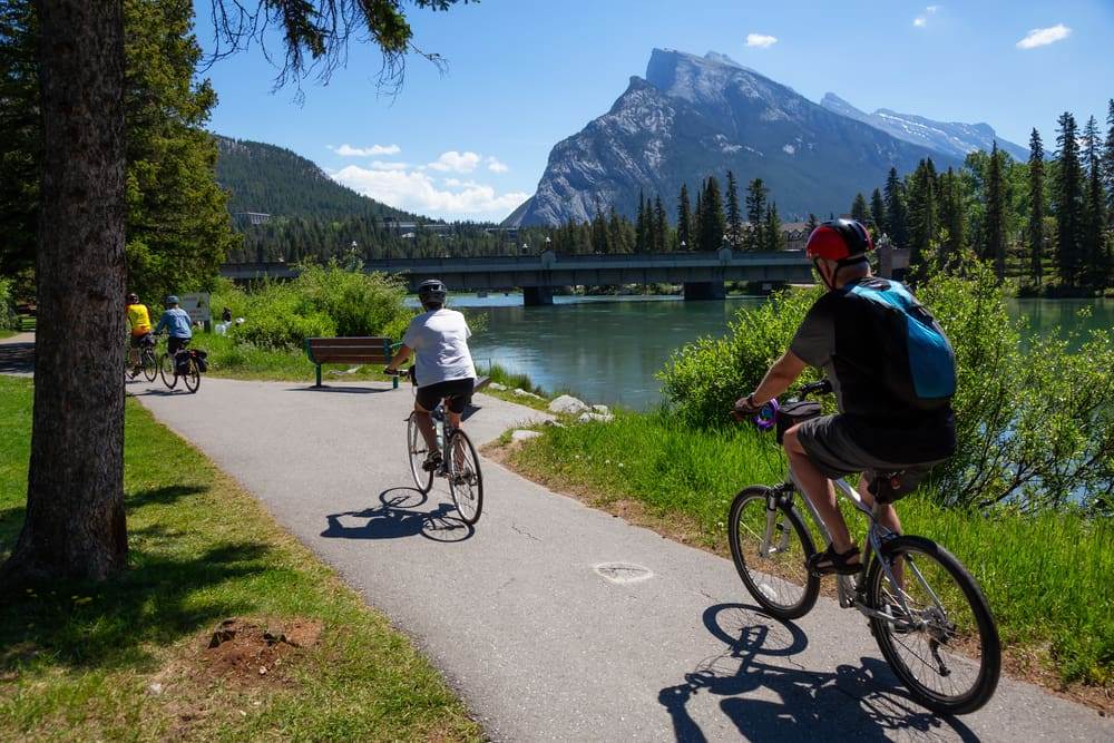 People ride a bicycle in the park during a sunny summer day.