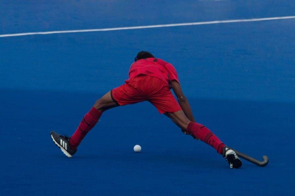 a man in a red jersey playing a game of hockey