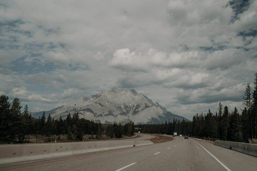 A highway road leading from the Banff to the Lake Louise.