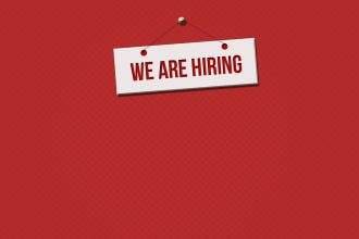 A hiring board on a plain red background.