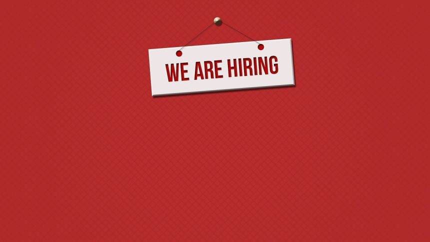 A hiring board on a plain red background.