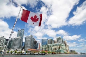 Canadian flag waving with city skyline and clouds in background.