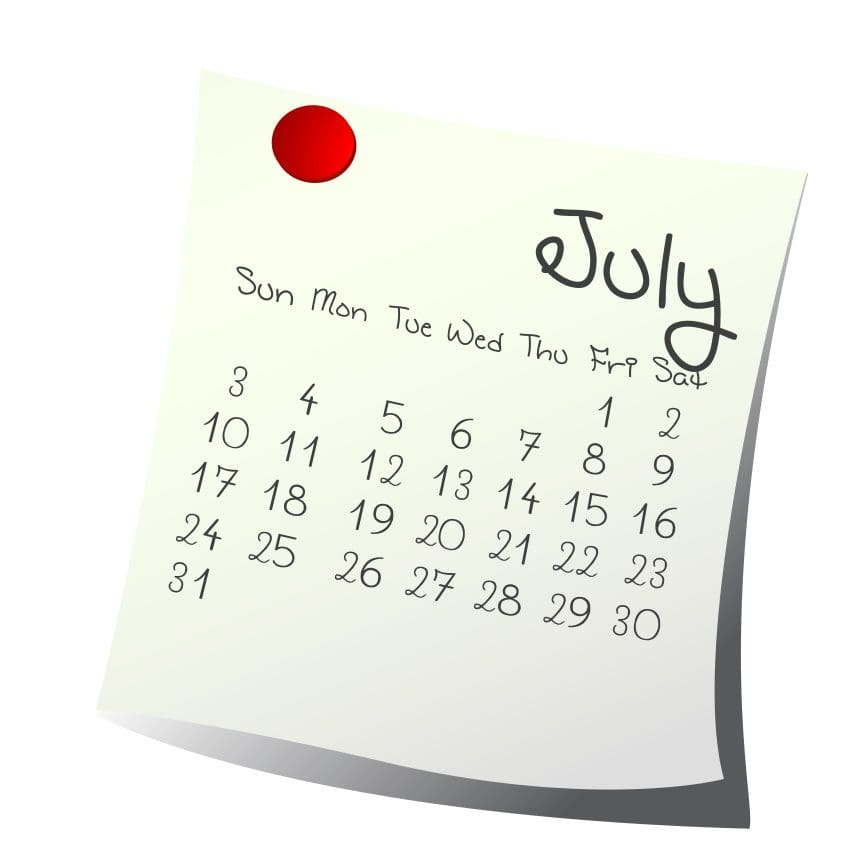 July calendar page showing 31 days.