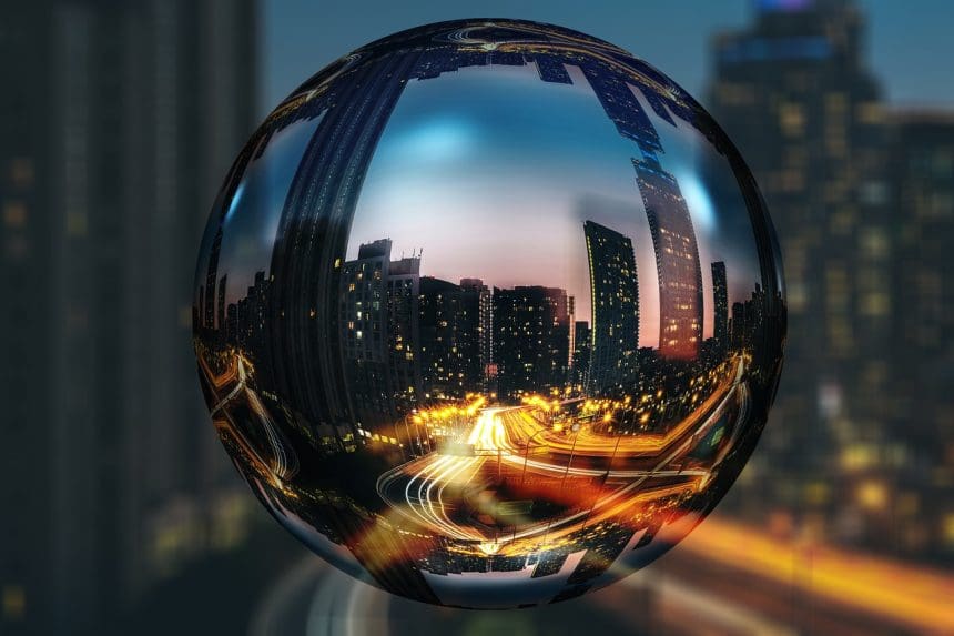 Toronto skyline reflected in crystal ball at dusk