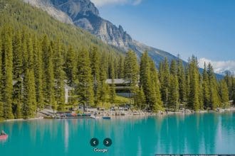 Scenic Moraine Lake and Lodge in Banff National Park.