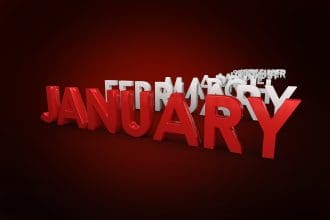 3D January text on a red background, representing time and months.