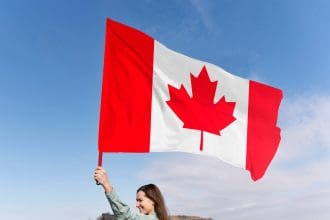 Woman waving Canadian flag outdoors against clear sky